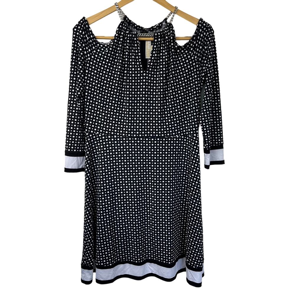MICHAEL Michael Kors Black/White PolkaDot Dress Chain Neckline Cold Shoulder SzL